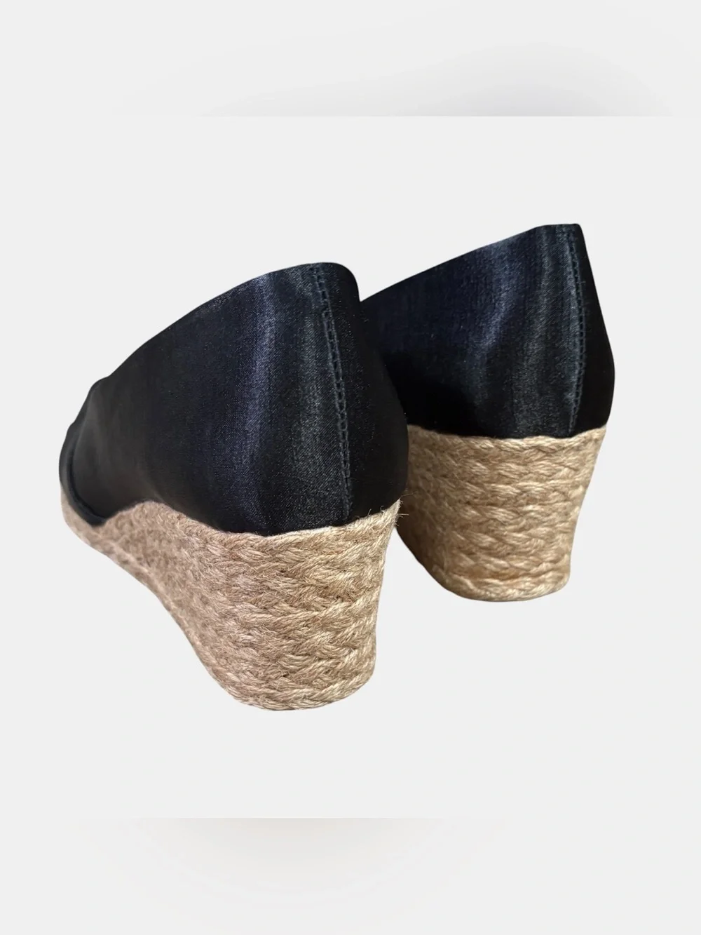 Adrienne Vittadini AV Bailey Black Satin Espadrille Wedge Peep Toe Women’s 8.5
